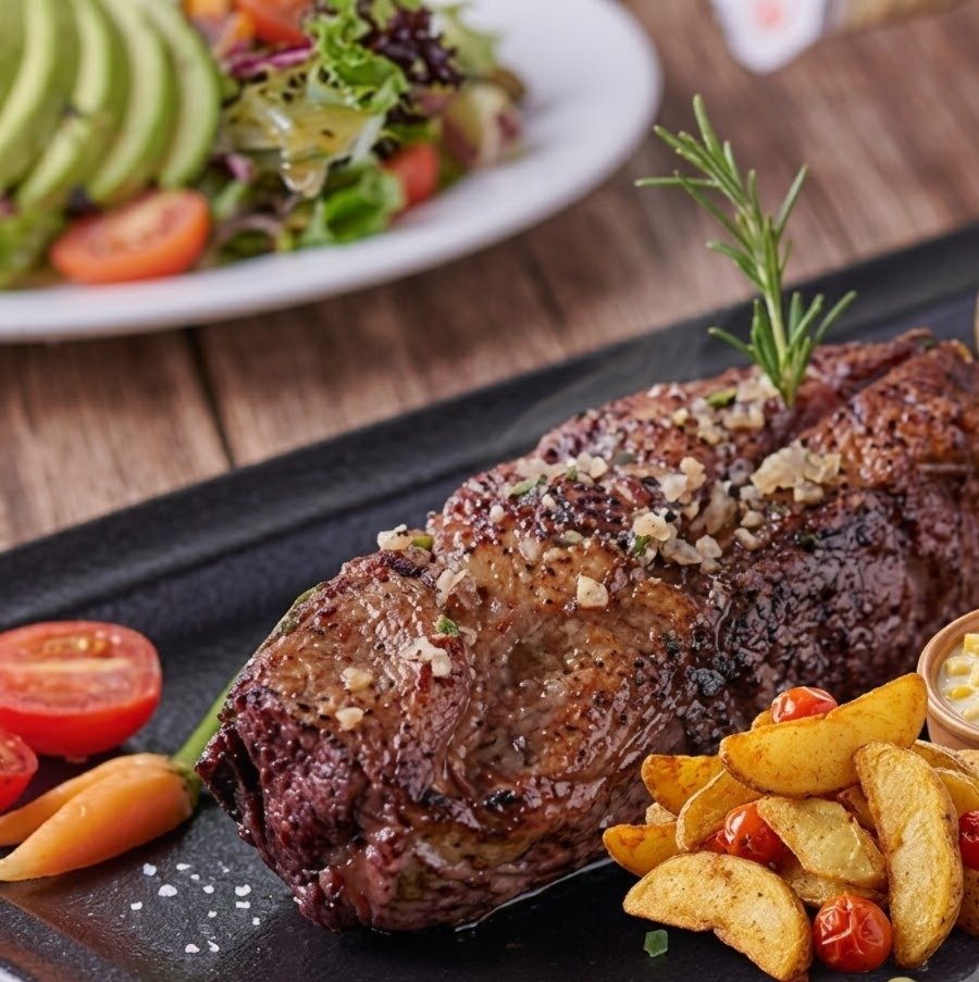 Primer plano de un bistec a la parrilla con papas en gajos y tomate cherry en La Doña Hacienda